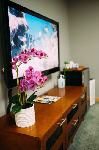 TV area with floral decoration in the waiting room of Travelle Family Dentistry office in Burien, WA